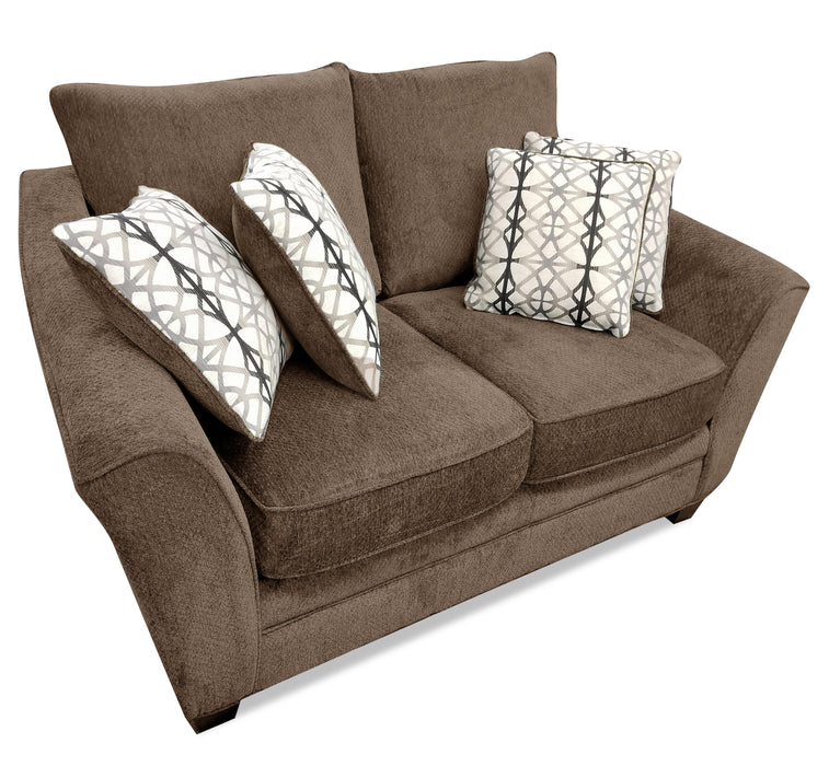 Made in Canada Febe 75\" Chenille Fabric Loveseat with Flared Arms and Accent Pillows - Brown