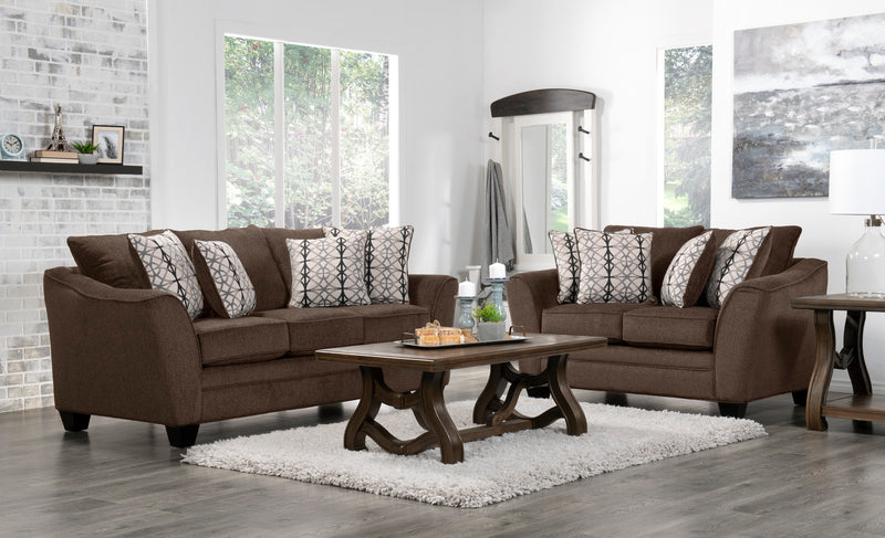 Made in Canada Febe 64\" Chenille Fabric Condo Size Loveseat with Flared Arms and Accent Pillows - Brown