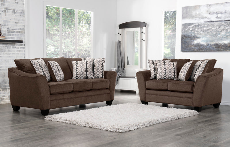 Made in Canada Febe 64\" Chenille Fabric Condo Size Loveseat with Flared Arms and Accent Pillows - Brown