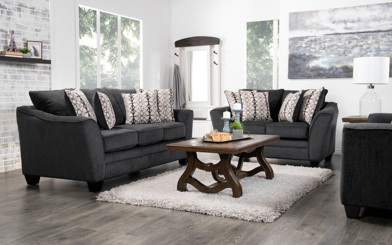 Made in Canada Febe 85\" Chenille Fabric Condo-Size Sofa with Flared Arms and Accent Pillows - Charcoal Grey