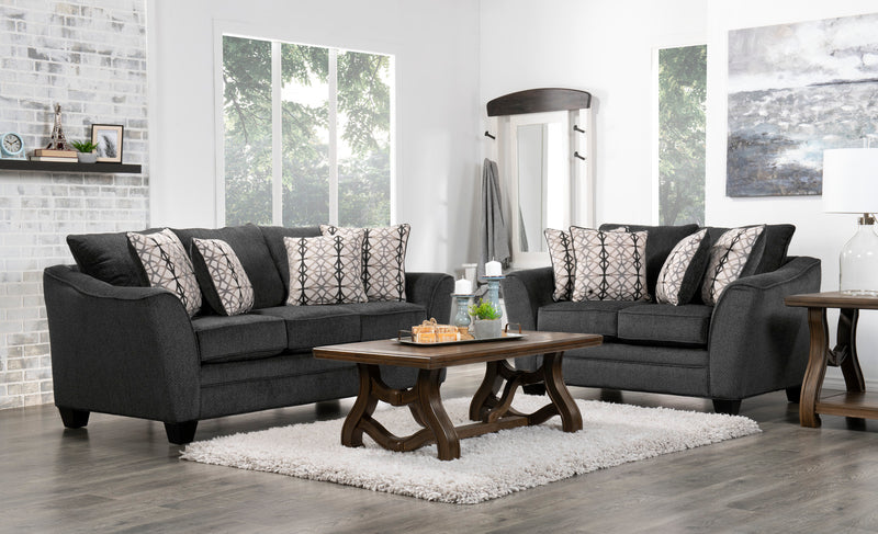 Made in Canada Febe 85\" Chenille Fabric Condo-Size Sofa with Flared Arms and Accent Pillows - Charcoal Grey