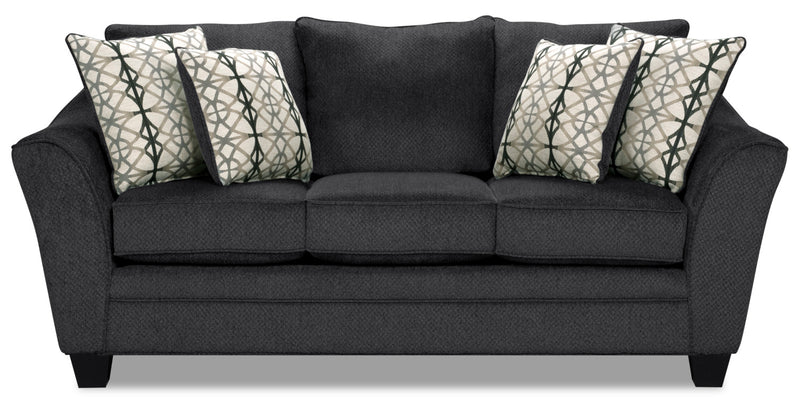 Made in Canada Febe 85\" Chenille Fabric Condo-Size Sofa with Flared Arms and Accent Pillows - Charcoal Grey