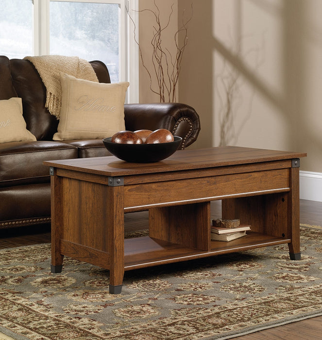 Carson 43.15\" Rustic Lift Top Coffee Table with Storage and Shelf - Cherry Wood with Metal Hardware