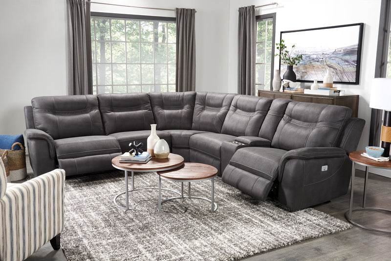 Floy 6-Piece Faux Suede Power Reclining Sectional with Power Headrests, Storage Console and USB Port - Grey