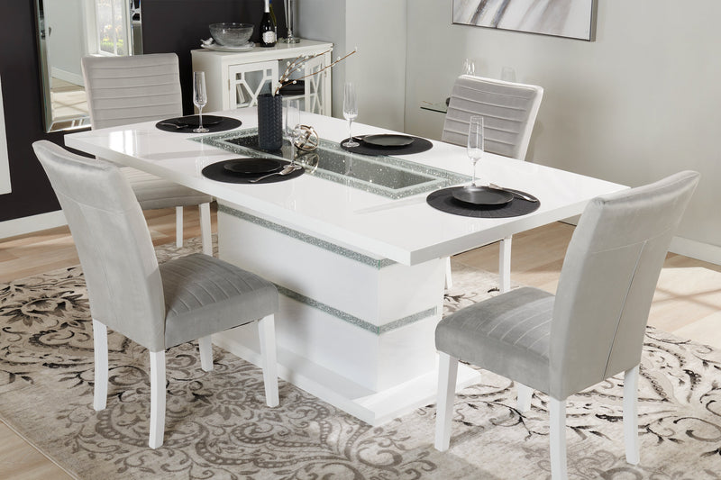 Garbo Dining Table with Glass Insert, Pedestal Base, Glam, 78.75\"W - White