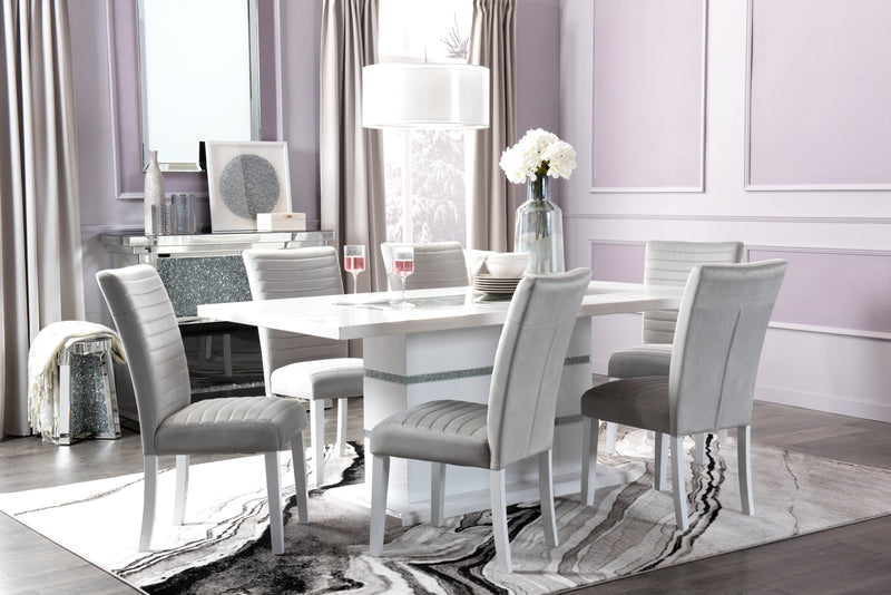 Garbo Dining Table with Glass Insert, Pedestal Base, Glam, 78.75\"W - White