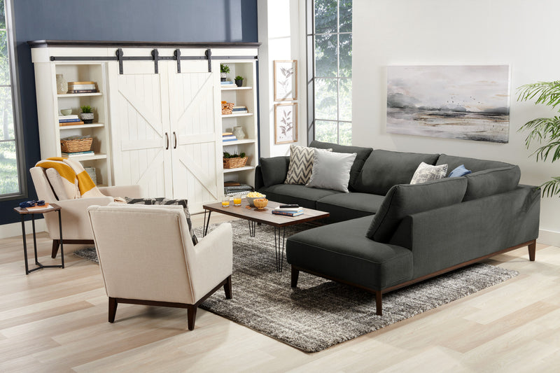 Cindy Crawford Home Gena 2-Piece Right-Facing Linen-Look Fabric Sectional with Wood Legs - Charcoal Grey