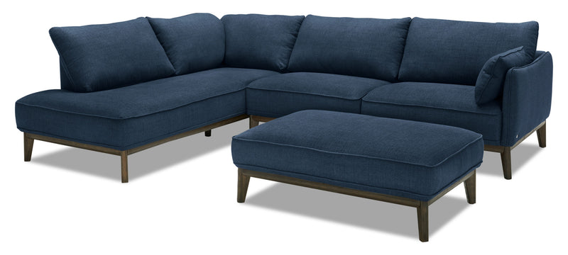 Cindy Crawford Home Gena 2-Piece Left-Facing Linen-Look Fabric Sectional with Wood Legs - Midnight Blue