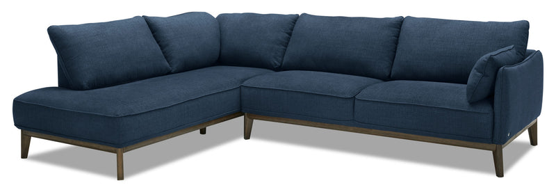 Cindy Crawford Home Gena 2-Piece Left-Facing Linen-Look Fabric Sectional with Wood Legs - Midnight Blue