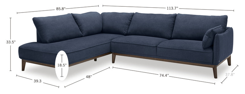 Cindy Crawford Home Gena 2-Piece Left-Facing Linen-Look Fabric Sectional with Wood Legs - Midnight Blue