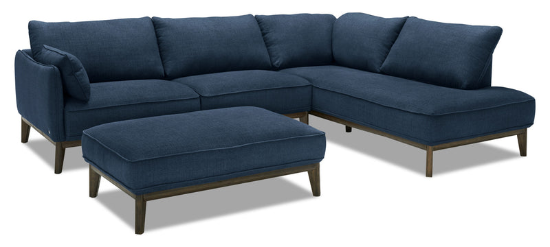 Cindy Crawford Home Gena 2-Piece Right-Facing Linen-Look Fabric Sectional with Wood Legs - Midnight Blue