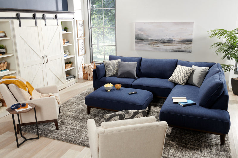 Cindy Crawford Home Gena 2-Piece Right-Facing Linen-Look Fabric Sectional with Wood Legs - Midnight Blue