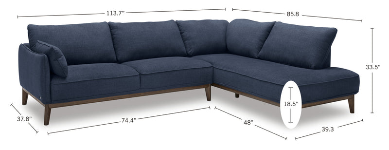 Cindy Crawford Home Gena 2-Piece Right-Facing Linen-Look Fabric Sectional with Wood Legs - Midnight Blue
