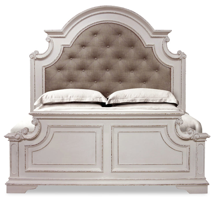 Grace Panel Bed with Headboard & Frame, Wooden, Fabric, Antique White - King Size