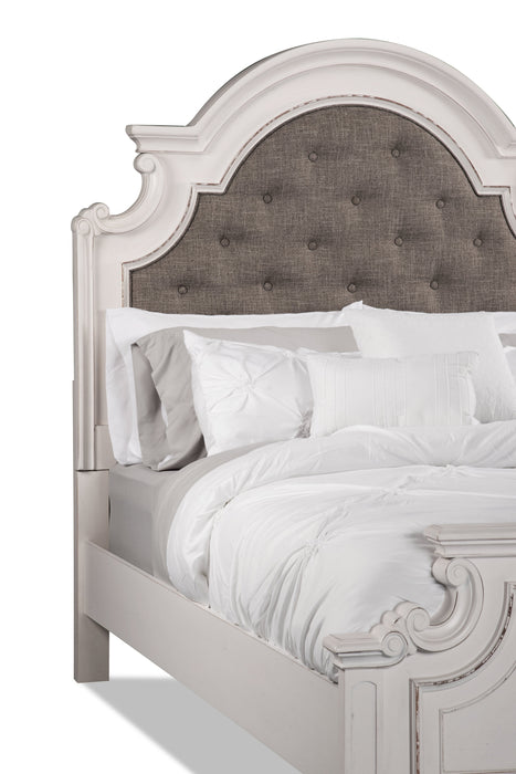 Grace Panel Bed with Headboard & Frame, Wooden, Fabric, Antique White - Queen Size