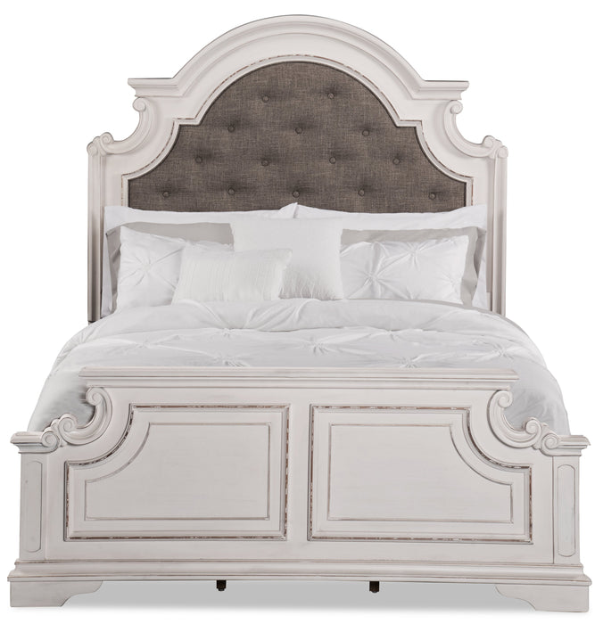 Grace Panel Bed with Headboard & Frame, Wooden, Fabric, Antique White - Queen Size