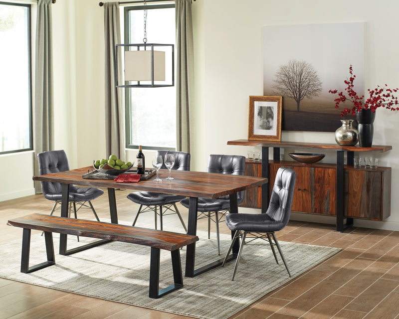Bowery Dining Table, Sheesham Wood, Metal, Trapizoid Base, 80\"W - Brown
