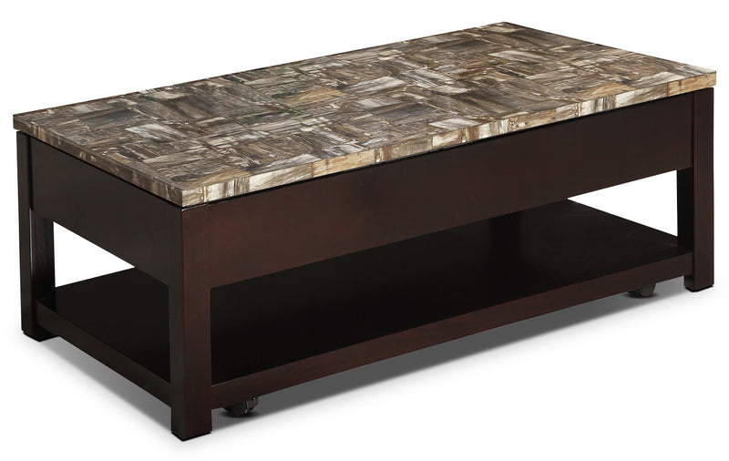 Sicily 48\" Traditional Lift Top Coffee Table With Storage, Shelf and Casters - Dark Brown  with Mable Look Top