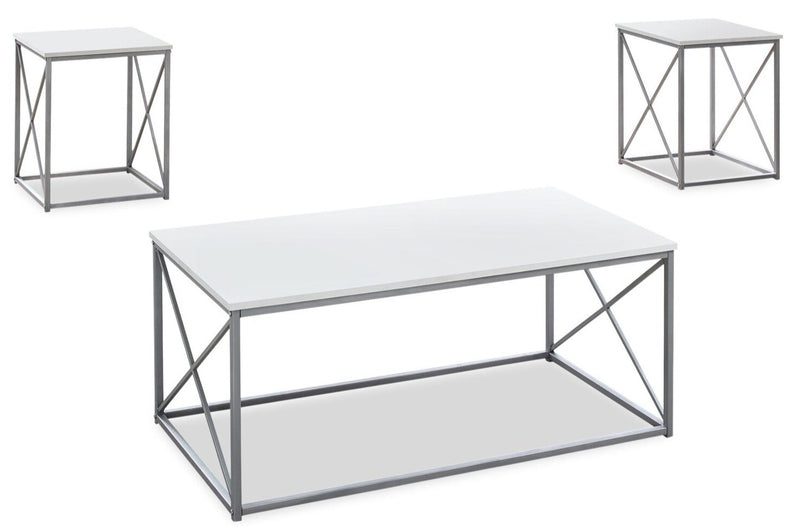 Kasey 42.25\" Modern 3-Pack Coffee + 2 End Tables - White with Grey Metal Base
