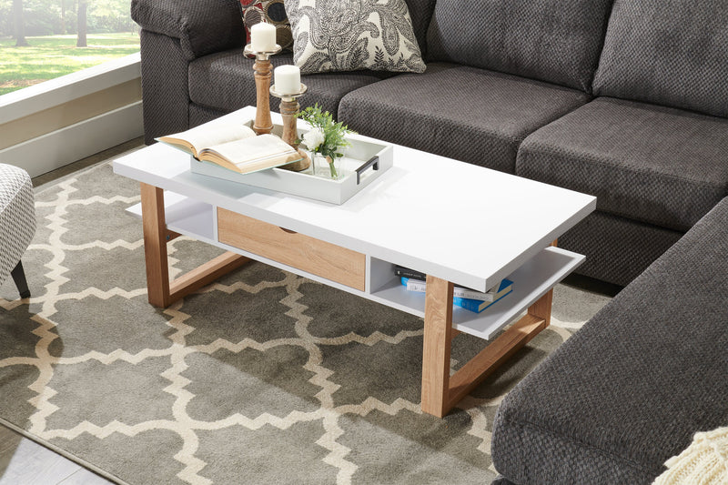Izaac 47.25\" Modern Coffee Table with Storage and Shelf - White and Brown