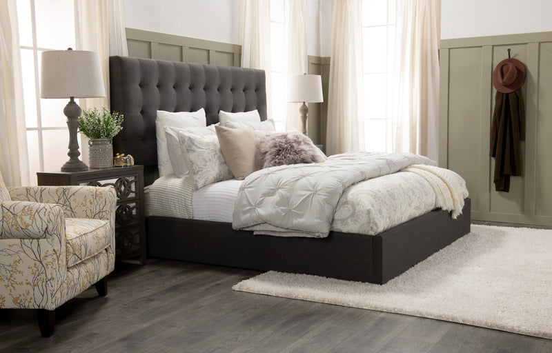 Jace Upholstered Storage Platform Bed in Grey Fabric, Tufted - King Size