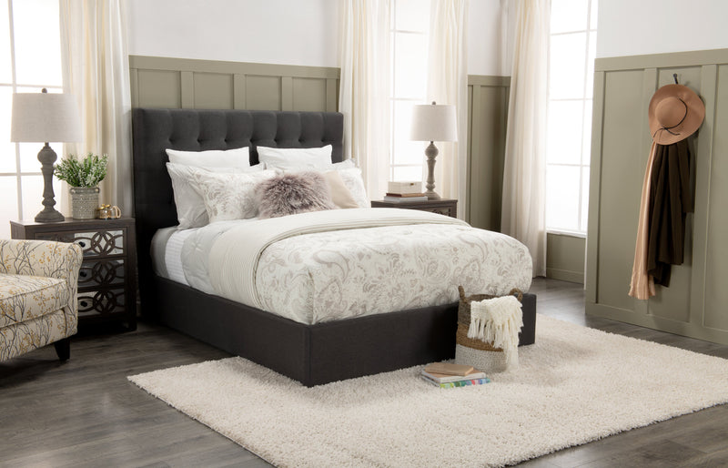 Jace Upholstered Storage Platform Bed in Grey Fabric, Tufted - Full Size