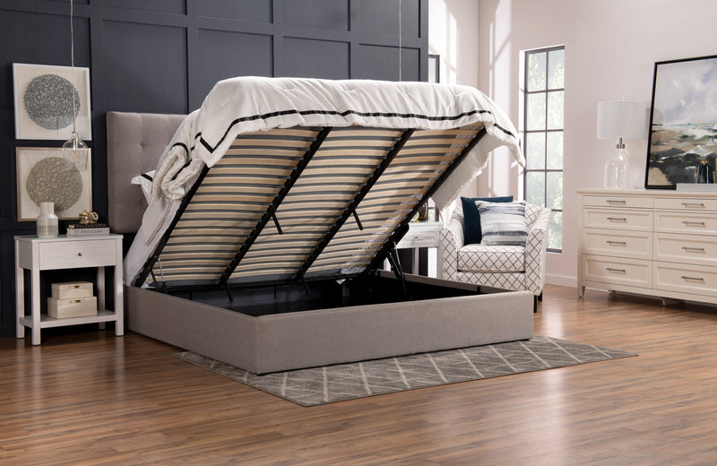 Jace Upholstered Storage Platform Bed in Taupe Fabric, Tufted - King Size