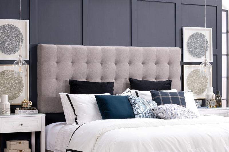 Jace Upholstered Storage Platform Bed in Taupe Fabric, Tufted - King Size