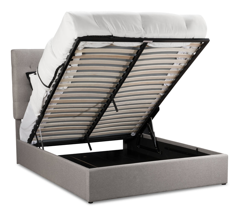 Jace Upholstered Storage Platform Bed in Taupe Fabric, Tufted - Queen Size