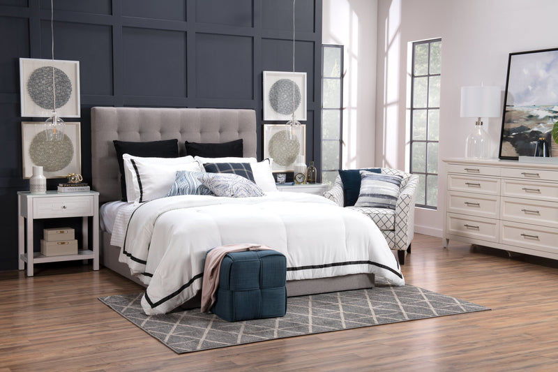 Jace Upholstered Storage Platform Bed in Taupe Fabric, Tufted - Queen Size