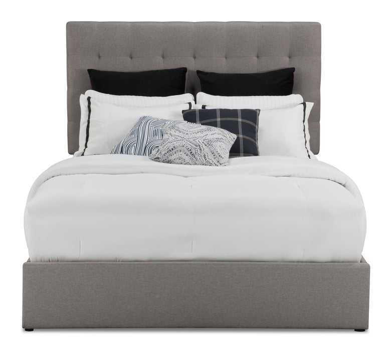 Jace Upholstered Storage Platform Bed in Taupe Fabric, Tufted - Queen Size