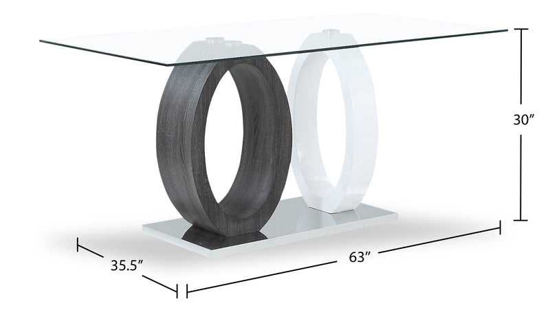 Jaye Dining Table with Glass Top, Pedestal Base, 63\"W - Grey & White