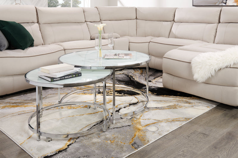 Josie 36\" Glam Round Glass Top Nesting Coffee Tables - Grey Marble Look with Metal Legs