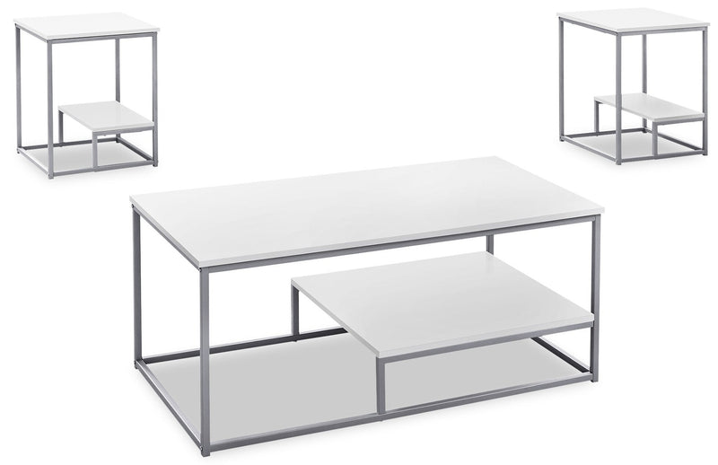 Jules 42.25\" Modern 3-Pack Coffee + 2 End Tables with Shelf - White with Grey Metal Frame