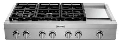 KitchenAid 48'' 6-Burner Commercial-Style Gas Range Top with Griddle - KCGC558JSS - Range Top in Stainless Steel