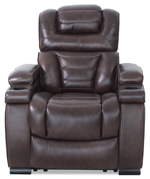 Hugo 37\" Genuine Leather Power Reclining Chair with Power Headrest, Dual Cupholders and USB Port - Brown
