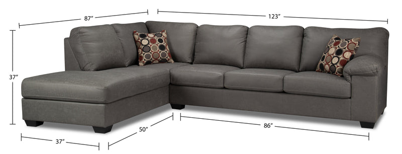 Made in Canada Morty 2-Piece Left-Facing Leather-Look Fabric Sofa Bed Sectional with Accent Pillows - Grey