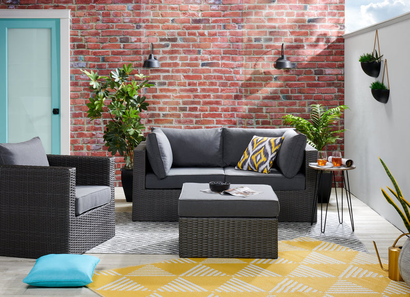 Morris Large Outdoor Patio Ottoman - Hand-Woven Resin Wicker, Olefin Fabric, UV & Weather Resistant - Grey