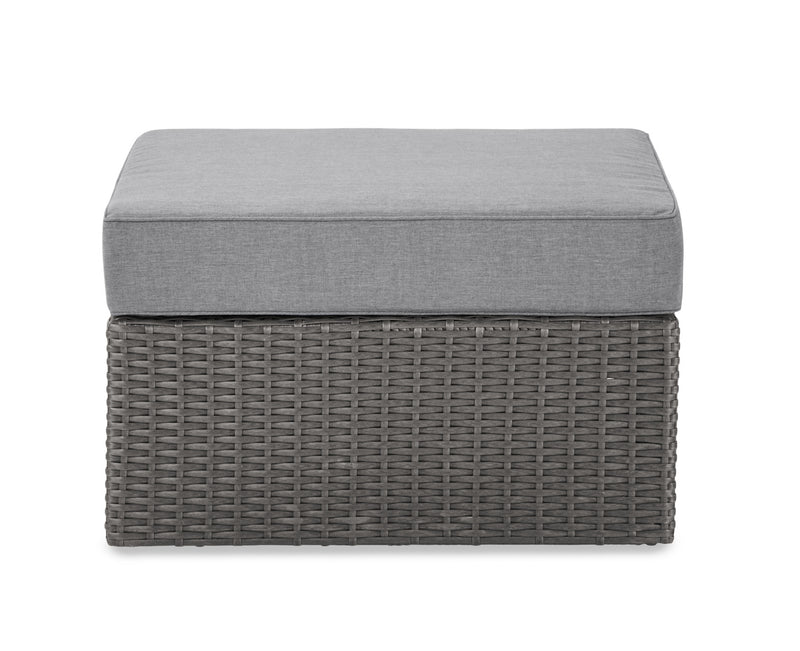 Morris Large Outdoor Patio Ottoman - Hand-Woven Resin Wicker, Olefin Fabric, UV & Weather Resistant - Grey