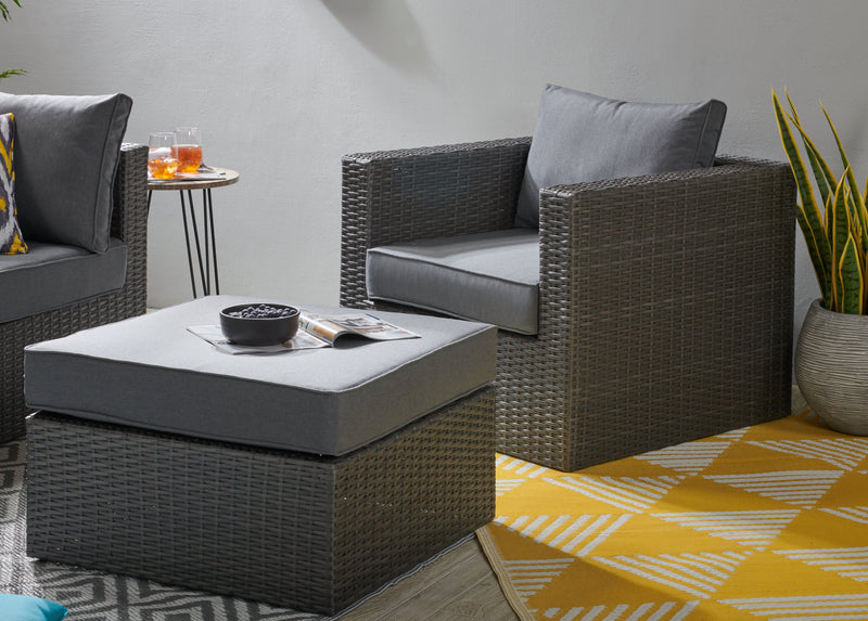 Morris Large Outdoor Patio Ottoman - Hand-Woven Resin Wicker, Olefin Fabric, UV & Weather Resistant - Grey