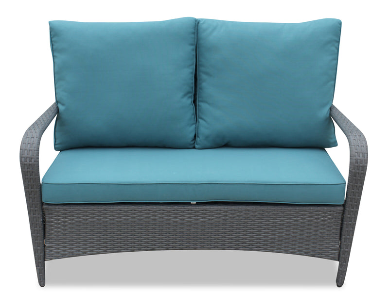 Nassau 4-Piece Outdoor Patio Set with Loveseat, 2 Chairs & Glass Top Coffee Table - Hand-Woven Resin Wicker, Olefin Fabric, UV & Weather Resistant - Blue