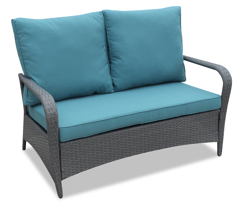 Nassau 4-Piece Outdoor Patio Set with Loveseat, 2 Chairs & Glass Top Coffee Table - Hand-Woven Resin Wicker, Olefin Fabric, UV & Weather Resistant - Blue