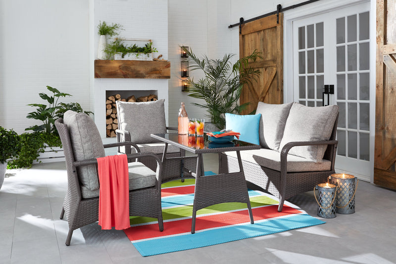 Nassau 4-Piece Outdoor Patio Set with Loveseat, 2 Chairs & Glass Top Coffee Table - Hand-Woven Resin Wicker, Olefin Fabric, UV & Weather Resistant - Grey