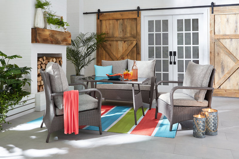 Nassau 4-Piece Outdoor Patio Set with Loveseat, 2 Chairs & Glass Top Coffee Table - Hand-Woven Resin Wicker, Olefin Fabric, UV & Weather Resistant - Grey