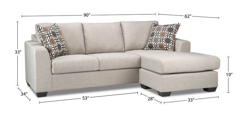 Made in Canada Nina 2-Piece Linen-Look Fabric Reversible Sectional with Accent Pillows - Taupe