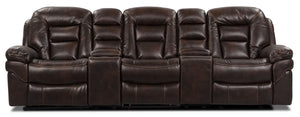 Leo 5-Piece Leather-Look Fabric Home Theatre Reclining Sectional with Storage Consoles and Cupholders - Walnut Brown