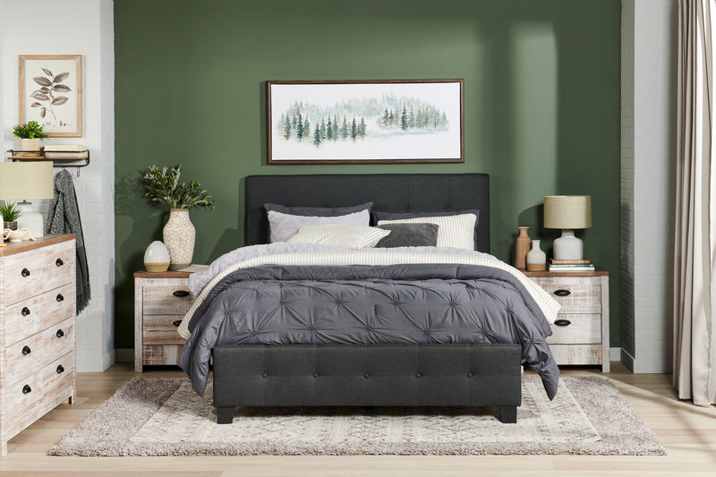 Page Upholstered Bed in Charcoal Linen-Look Fabric, Button Tufted - King Size