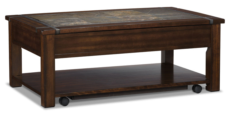 Roanoke 50\" Rustic Lift Top Coffee Table with Storage and Shelf - Dark Cherry Wood and Slate Inlay