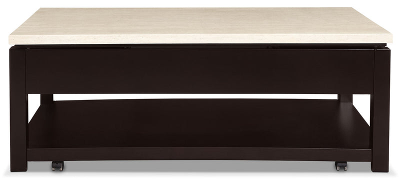 Sicily 48\" Modern Lift Top Coffee Table With Storage, Shelf and Casters - Beige and Dark Brown