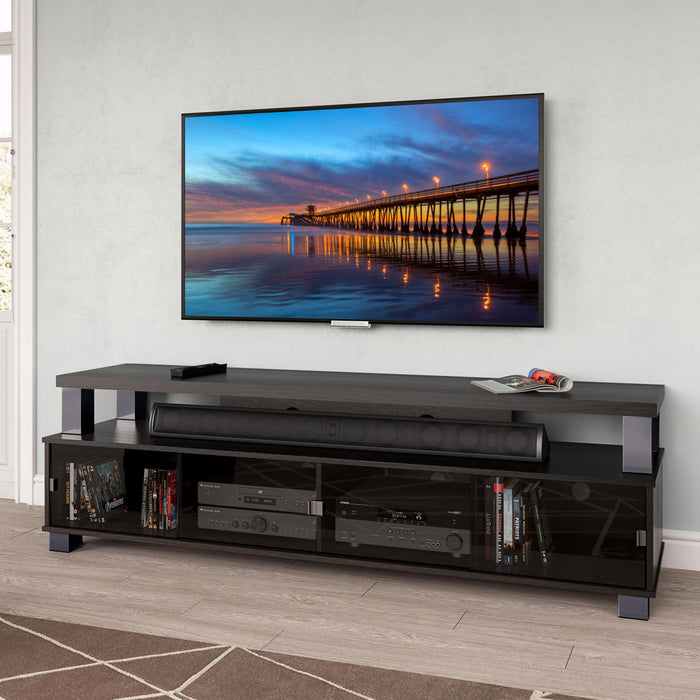 Bromley 75\" Modern TV Stand with Storage and Cable Management for TVs up to 85\"- Black with Glass